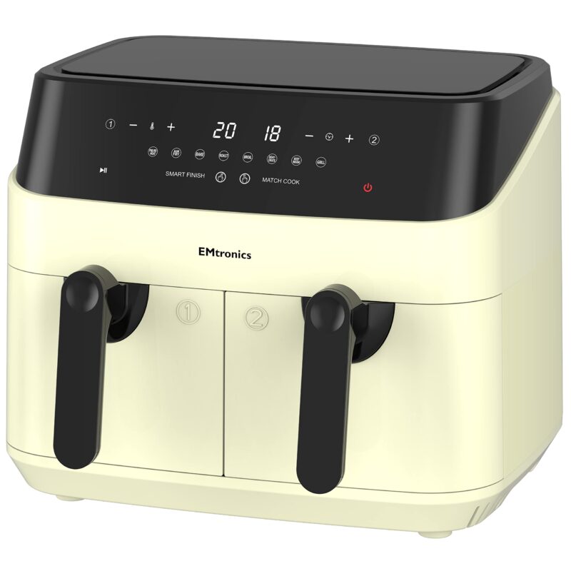 EMtronics EMAFDD9LSL Dual Air Fryer 9L - Double XL Basket, 8 Cooking Presets, 99-Min Timer, Stainless Steel, Oil-Free Healthy Cooking - Image 2
