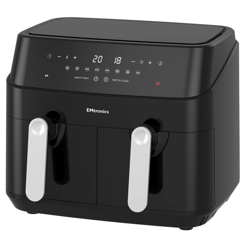 EMtronics EMAFDD9LSL Dual Air Fryer 9L - Double XL Basket, 8 Cooking Presets, 99-Min Timer, Stainless Steel, Oil-Free Healthy Cooking - Image 4