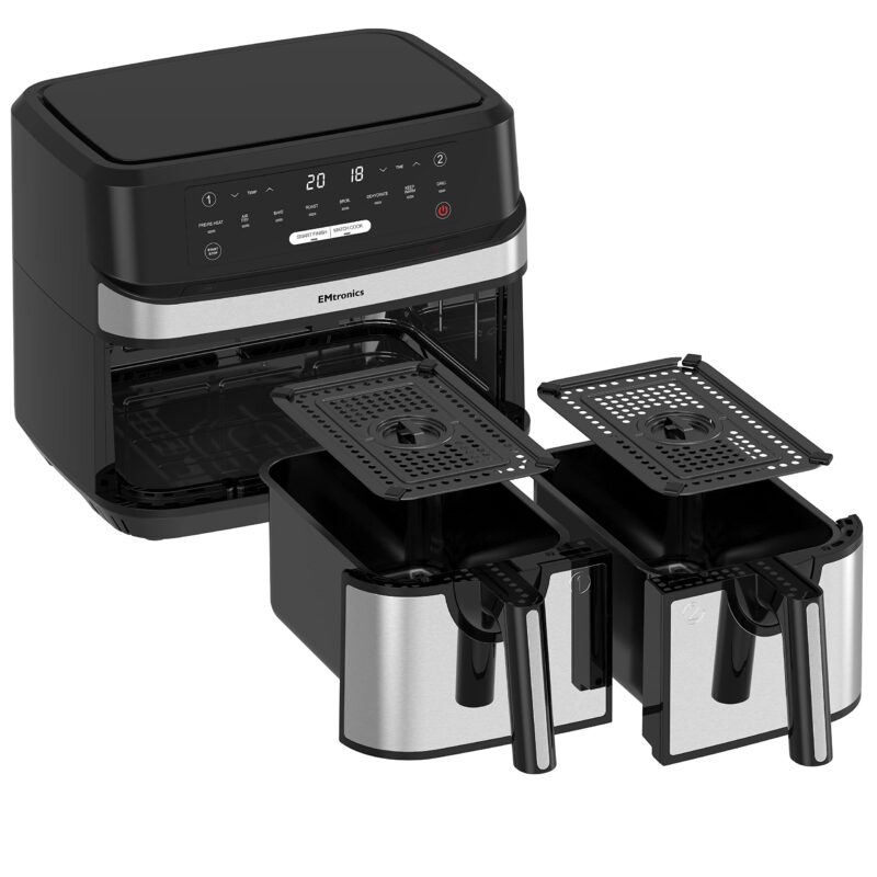 EMtronics EMAFDD9LSL Dual Air Fryer 9L - Double XL Basket, 8 Cooking Presets, 99-Min Timer, Stainless Steel, Oil-Free Healthy Cooking - Image 35